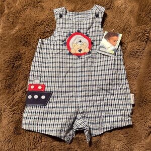 VTG 2006 Vitamins Kids Blue Plaid Baby Romper Bear & Boat Patches NWT